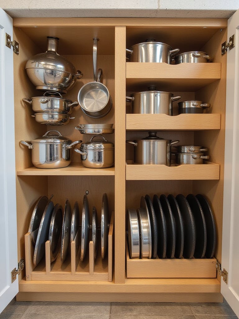 Organized kitchen cabinet with pot and pan organizers, including vertical dividers and a pull-out organizer.