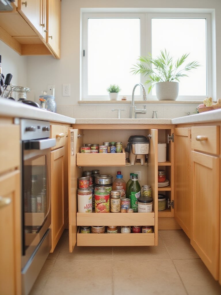 Pull-out shelves in a kitchen cabinet, neatly organizing canned goods and kitchen staples.