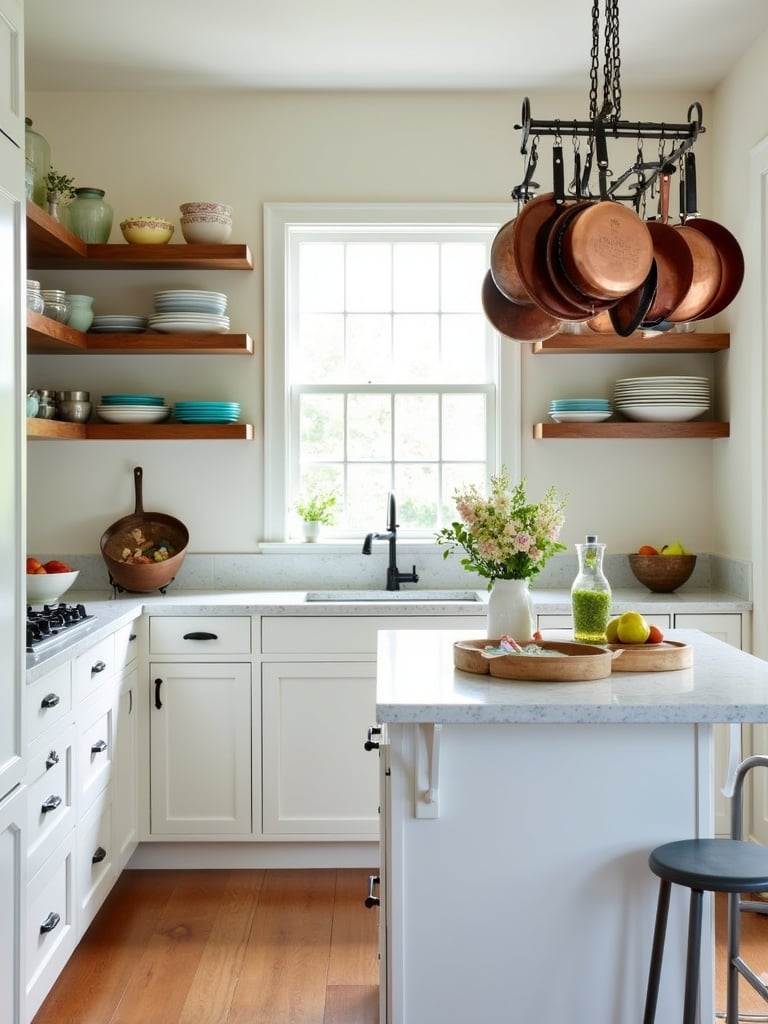 Small kitchen with floor-to-ceiling cabinets and open shelving, maximizing vertical storage for a stylish and organized space.