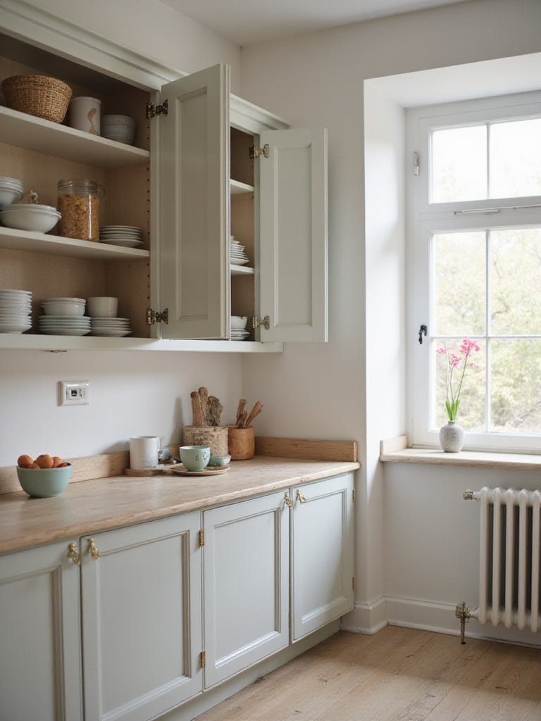 Kitchen cabinets being reorganized, showcasing a mix of organized and disorganized items.