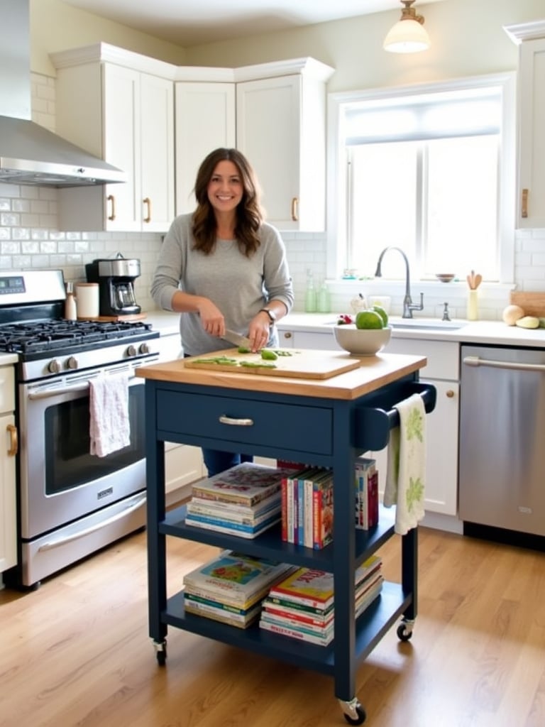 Portable kitchen cart with butcher block top providing extra prep space and storage in a small kitchen.