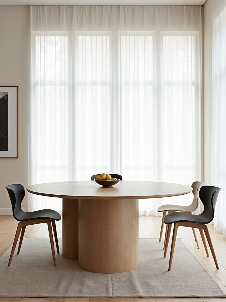 Dining room with oval table and ample space, illustrating proper table scaling.