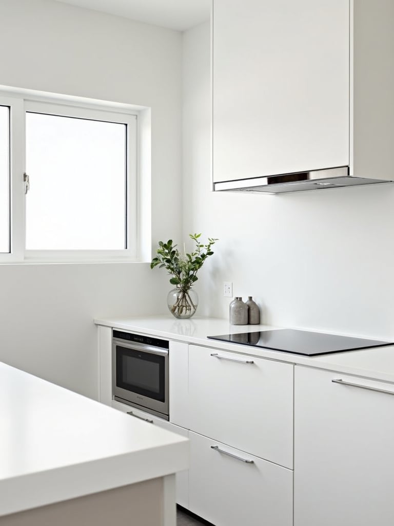 Small modern kitchen with seamless built-in appliances, including integrated refrigerator and microwave drawer.
