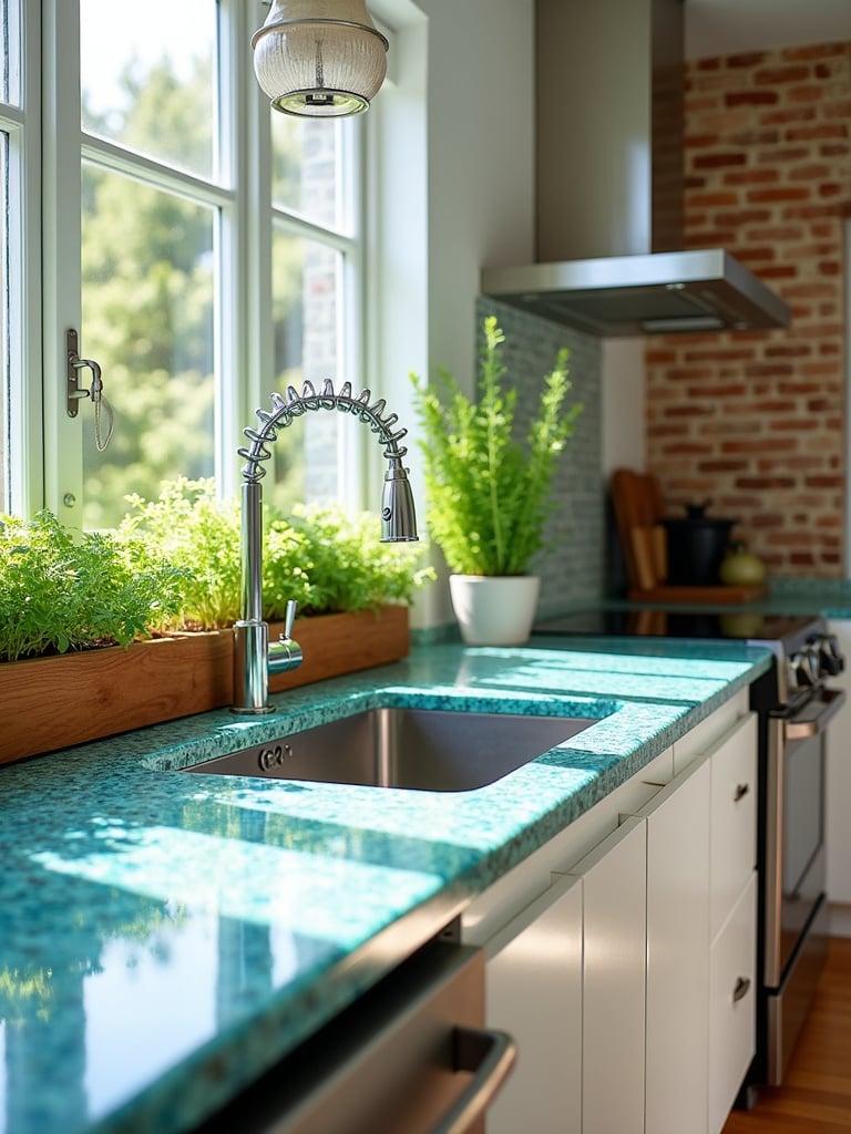 Contemporary kitchen featuring sustainable materials like recycled glass countertops and reclaimed brick backsplash.
