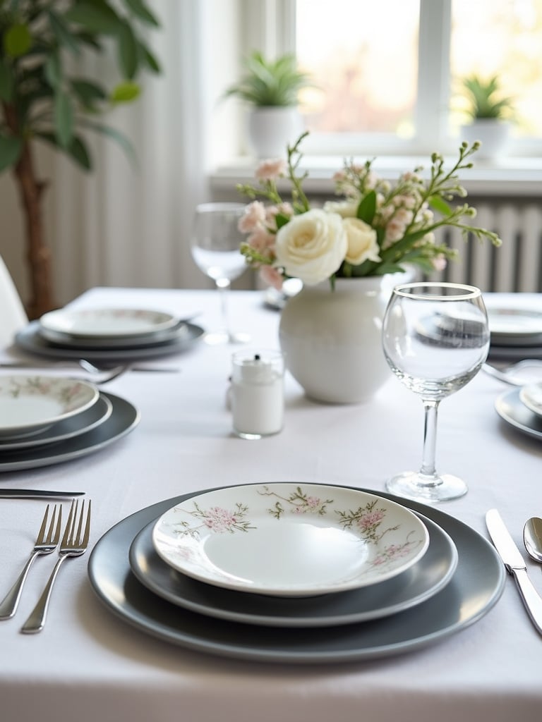Elegant dining table setting with layered tableware, including chargers, dinner plates, and salad plates, creating a sophisticated and inviting atmosphere.