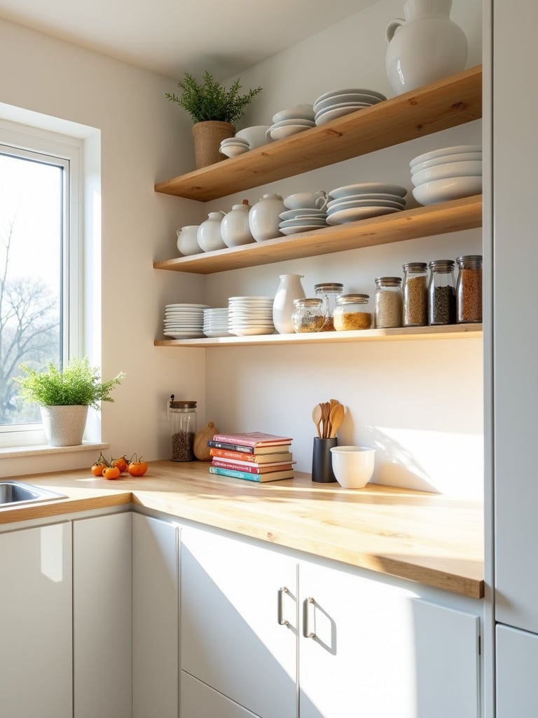 Contemporary kitchen with open shelving displaying curated kitchenware.