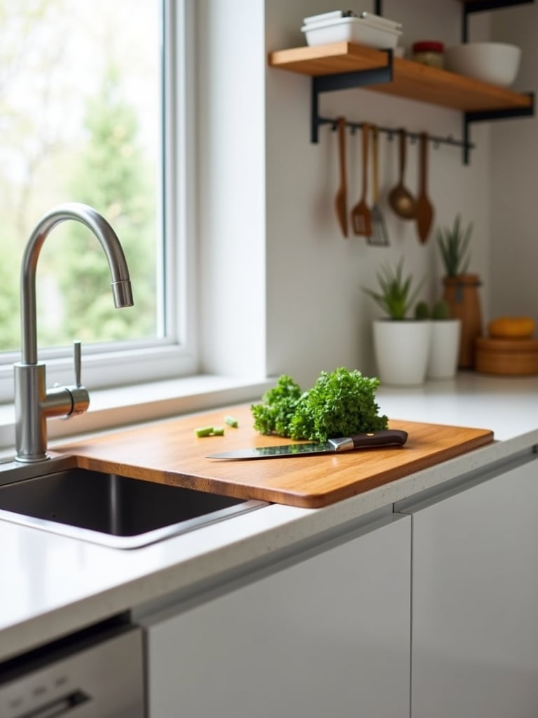 Wooden cutting board sink cover providing extra counter space in a small kitchen