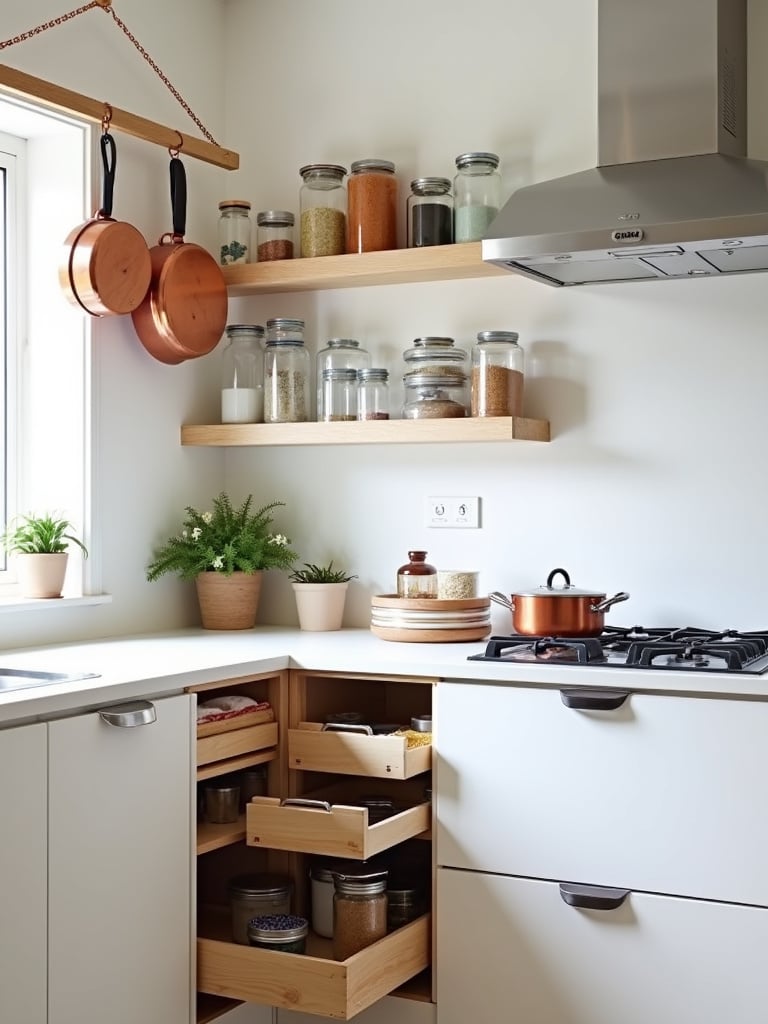 Clever small kitchen storage solutions including pull-out spice rack, clear stackable containers, and hanging pot rack.