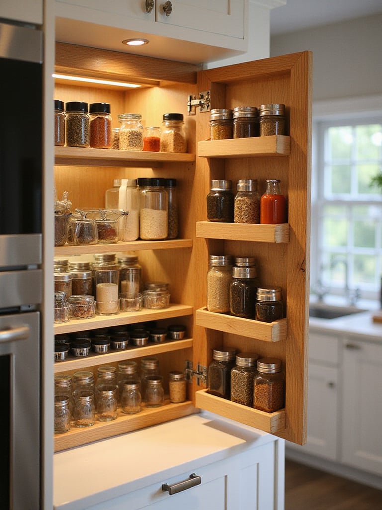 Organized spice rack in a kitchen cabinet, showcasing various spice containers and maximizing storage space.
