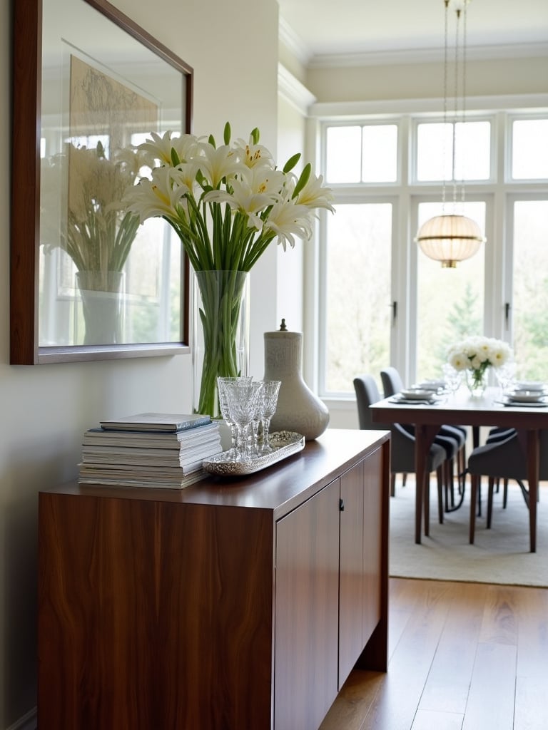 Modern dining room with a dark walnut sideboard featuring decorative items and serving ware.