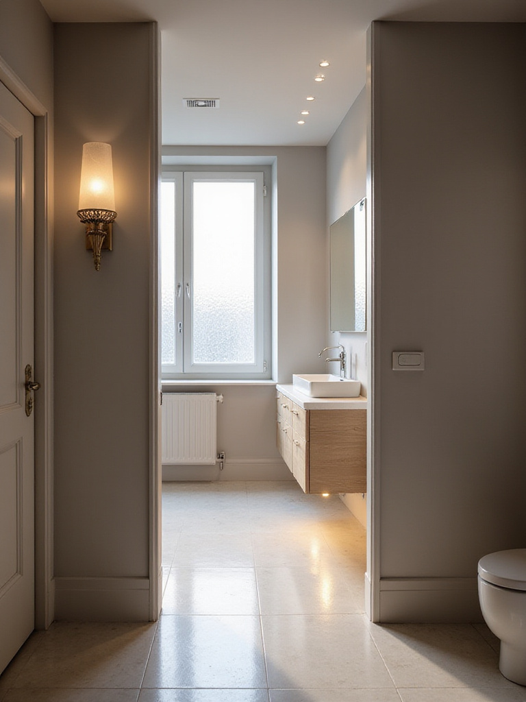Modern bathroom with strategic layered lighting including ambient, task, and accent lights, creating a relaxing spa-like atmosphere.