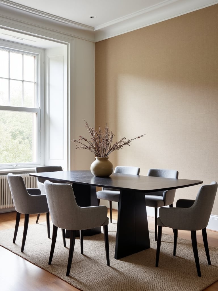 Dining room featuring textured grasscloth wallpaper, boucle upholstered chairs, and a textured area rug.