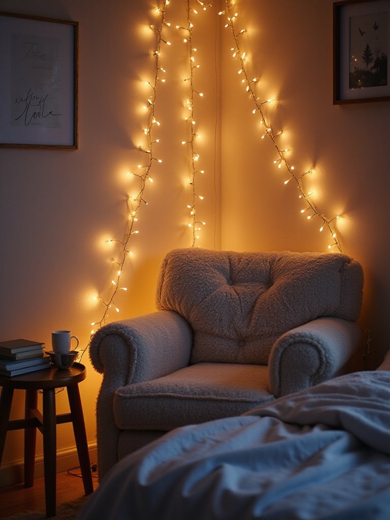 Cozy reading nook with fairy lights in a teen girl's bedroom
