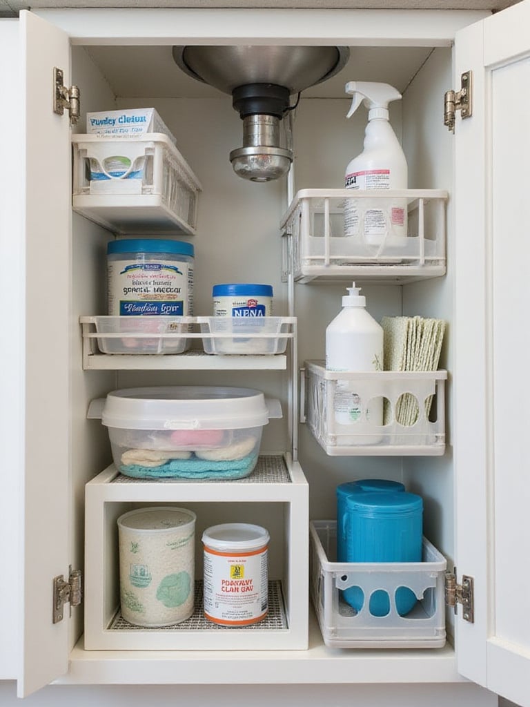 Organized under-sink cabinet with tiered shelves and pull-out drawers.