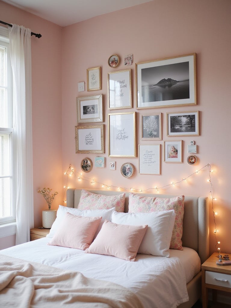 Teen girl's bedroom with a gallery wall featuring framed art, photos, and fairy lights
