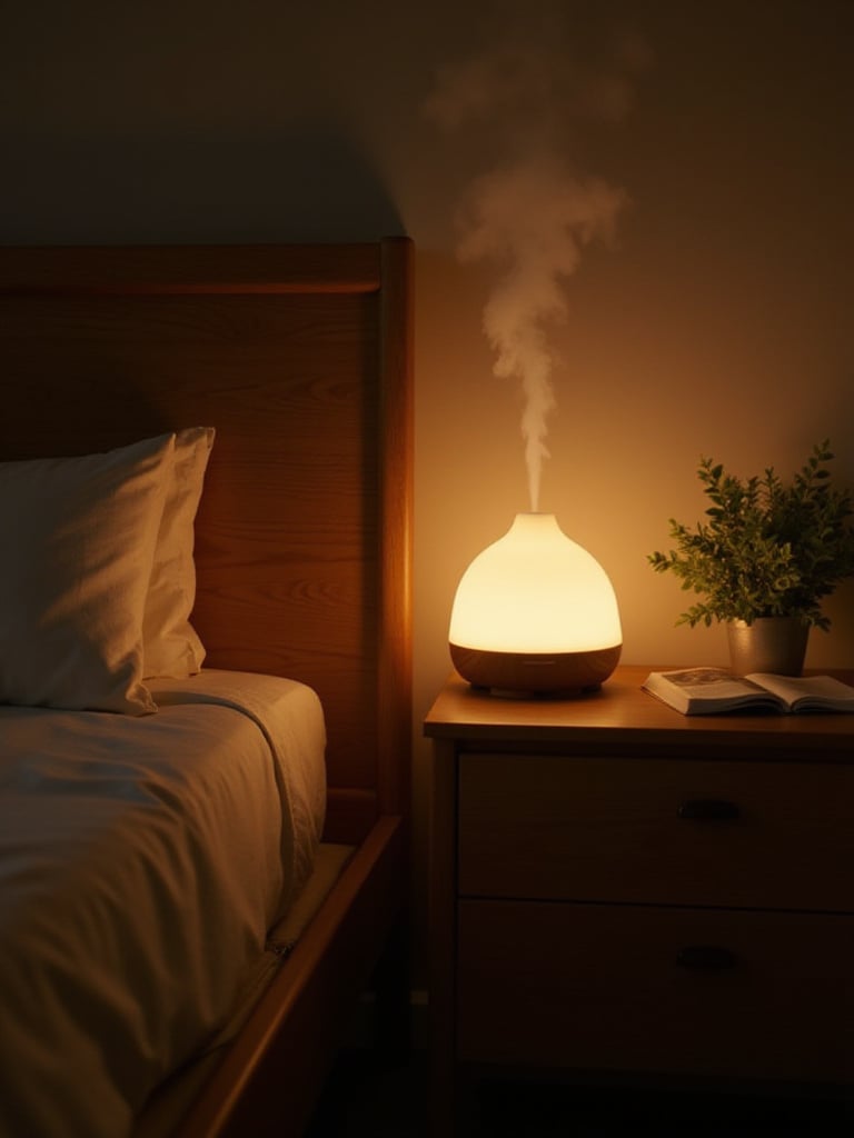 Essential oil diffuser emitting a calming mist in a cozy bedroom setting.