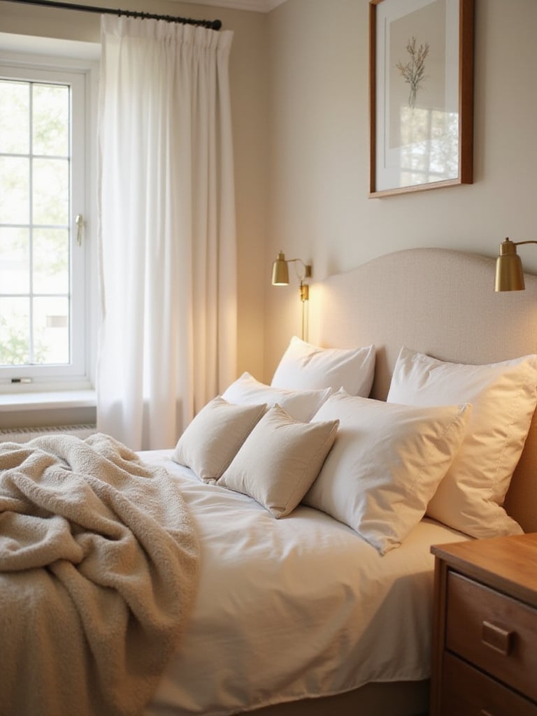Cozy bedroom with warm-toned metal accents like brass lamps and copper drawer pulls.