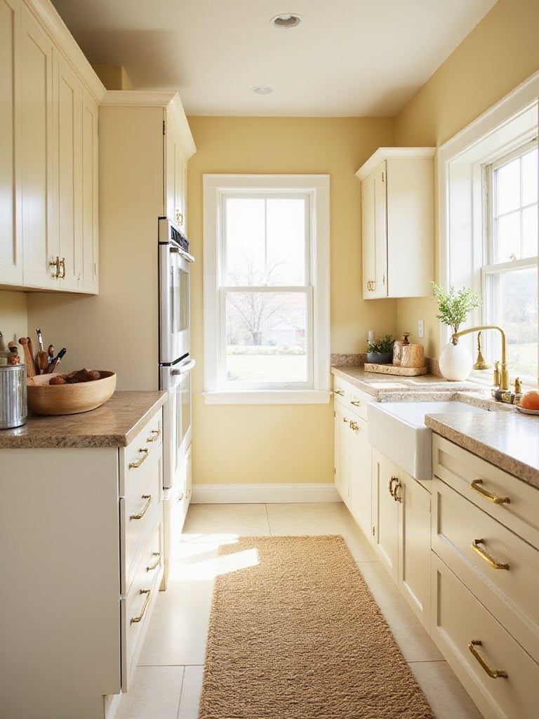 Warm beige and cream kitchen with natural stone countertops and brass hardware