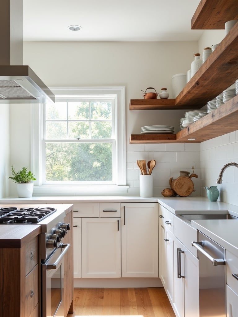 Contemporary kitchen with white cabinets, walnut butcher block island, and reclaimed wood shelving.