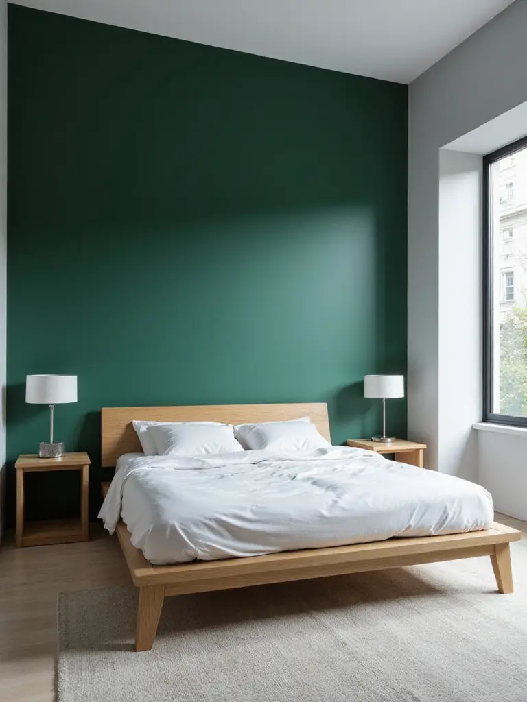 Modern bedroom with a deep emerald green accent wall behind the bed.