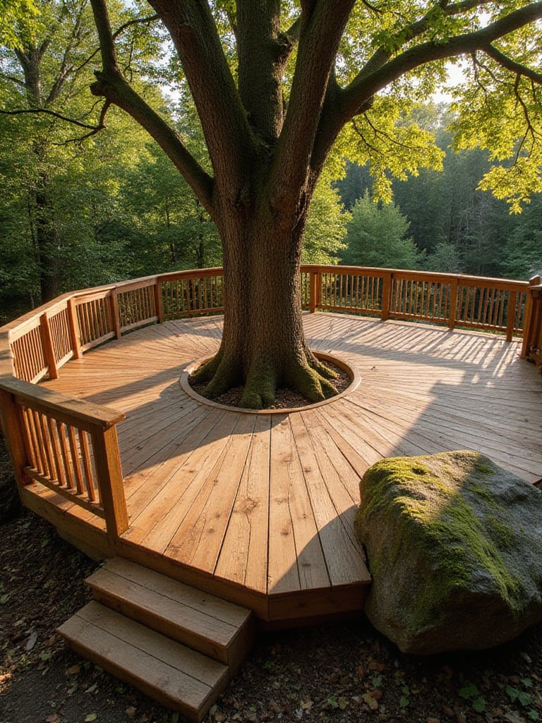 Wooden deck built around a mature tree and a large boulder, showcasing cost-saving landscape integration.