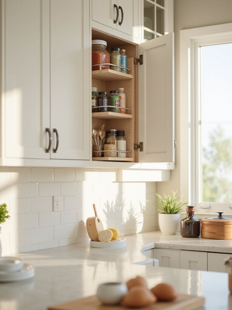 Cabinet door organizer with spices and cleaning supplies provides hidden kitchen storage solution.