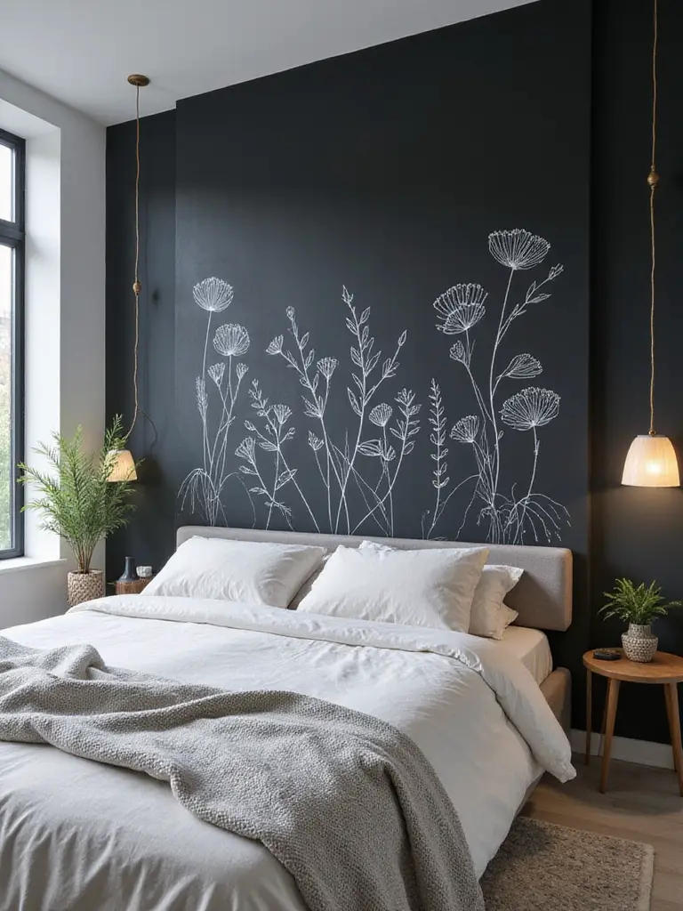 Modern bedroom with a chalkboard wall featuring hand-drawn botanical illustrations.