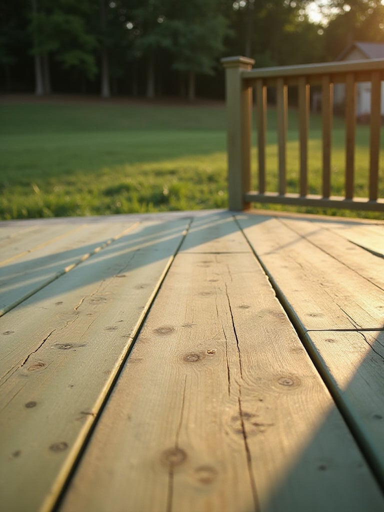 Newly built deck constructed from budget-friendly pressure-treated pine lumber, showing its characteristic look and texture in warm sunlight.