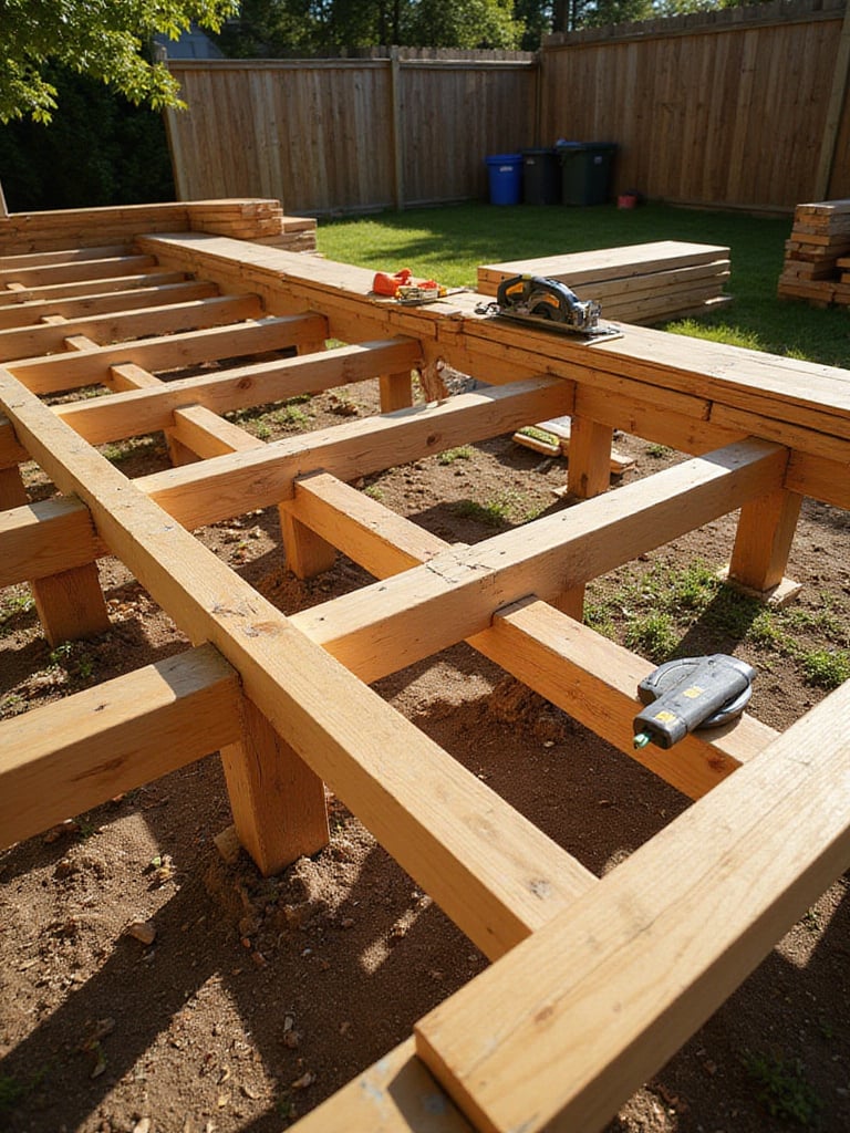 Partially constructed wooden deck frame in a backyard with tools and lumber, illustrating the process of building a deck yourself.