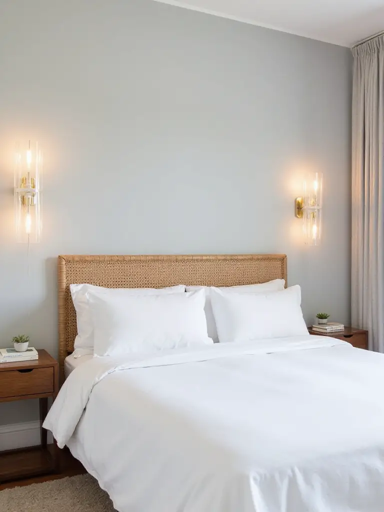 Bedroom featuring elegant wall sconces flanking a bed, providing soft ambient lighting.