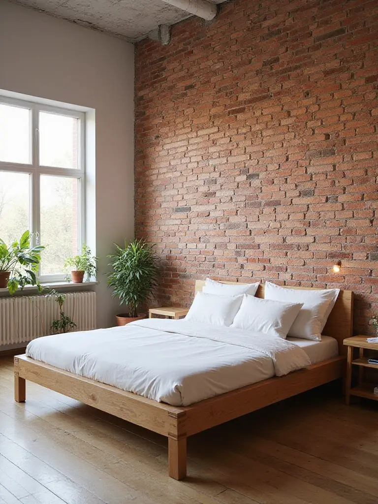 Modern bedroom with exposed brick wall, wooden bed, and natural light