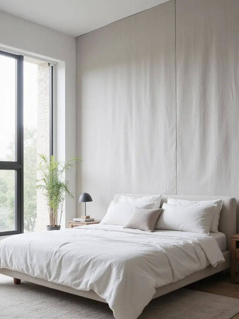 Bedroom featuring a light grey textured linen fabric wall for a cozy and sound-dampened atmosphere.
