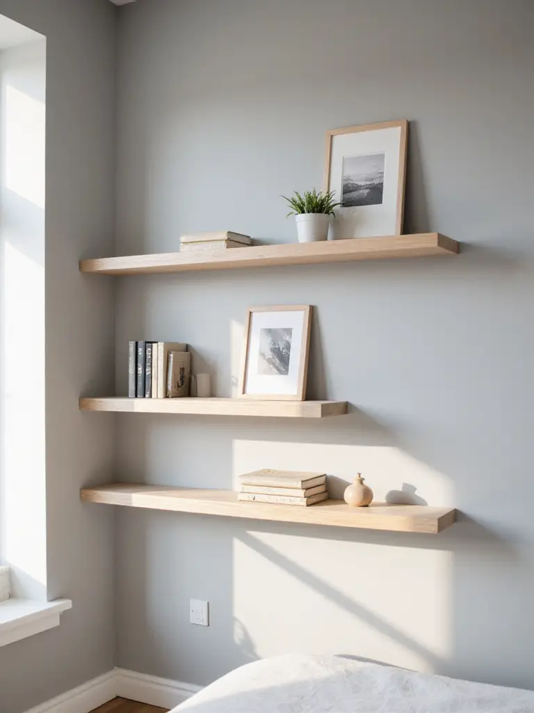 Bedroom wall with light wood floating shelves displaying books, a plant, and a photograph.