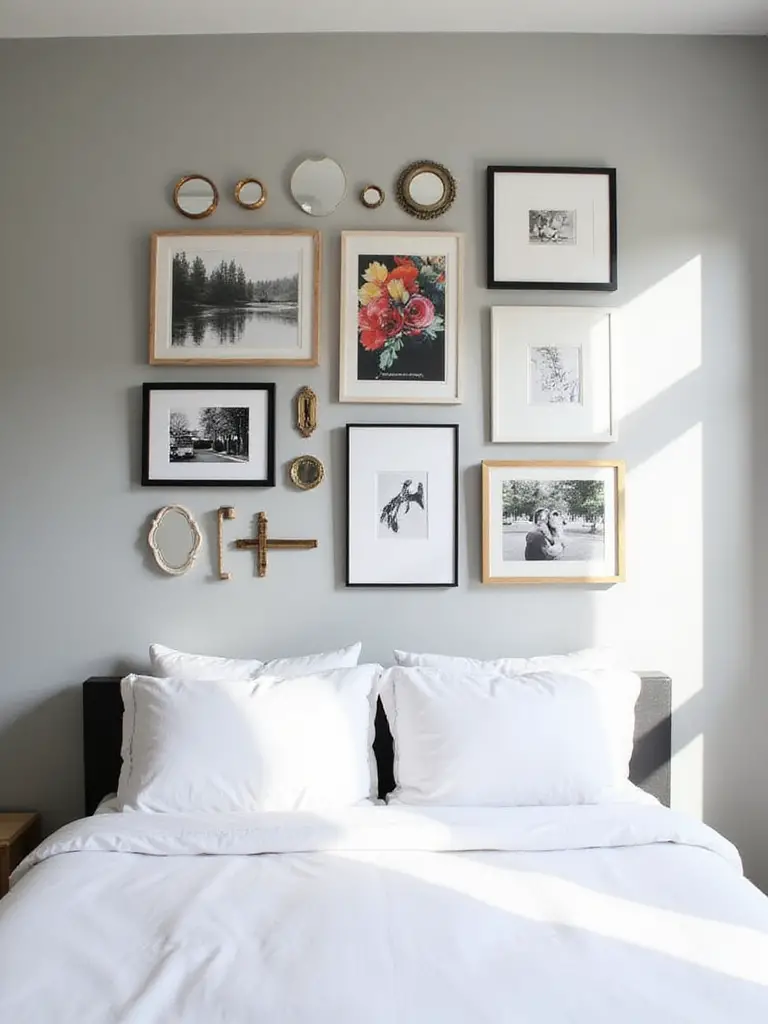 Bedroom with a gallery wall featuring a mix of art prints, photographs, and mirrors.