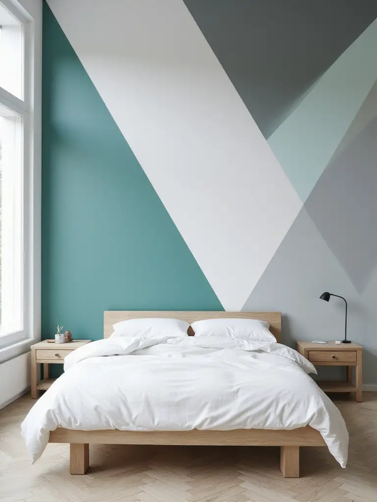 Bedroom wall with geometric triangle pattern in teal, gray, and white.