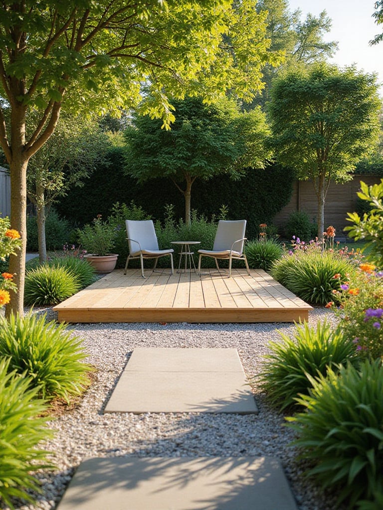 A simple, low-profile ground-level wooden deck in a garden setting with minimalist furniture, surrounded by plants and gravel, bathed in soft afternoon light.