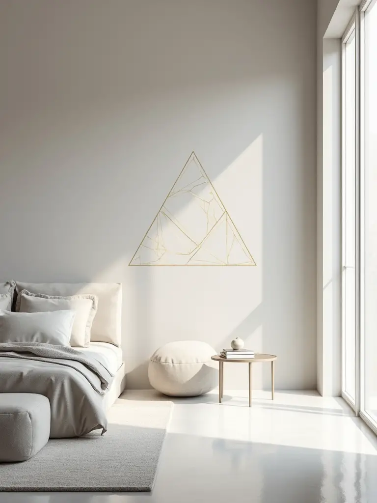 Bedroom with light gray wall and geometric gold paint accent.