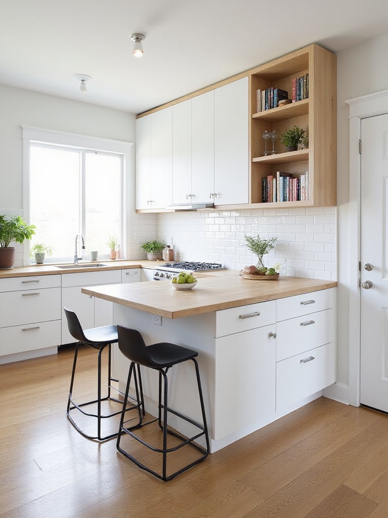 Small kitchen with multi-functional island for storage, dining, and workspace.
