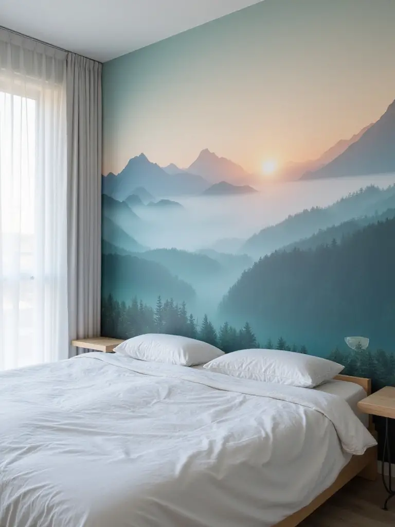 Bedroom with mural wallpaper featuring misty mountain range