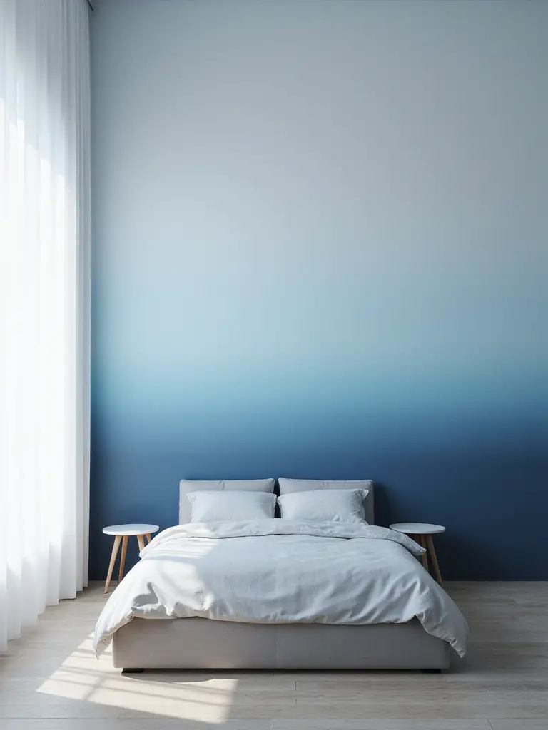 Calming bedroom with a blue ombre wall effect creating a peaceful atmosphere.