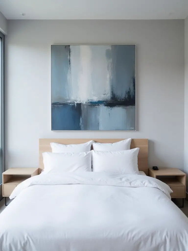 Modern bedroom with a large abstract painting above the bed