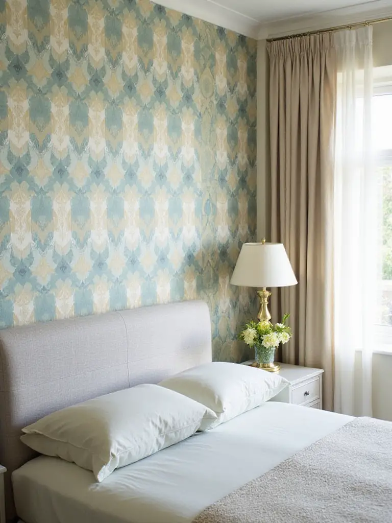 Bedroom with geometric patterned wallpaper feature wall