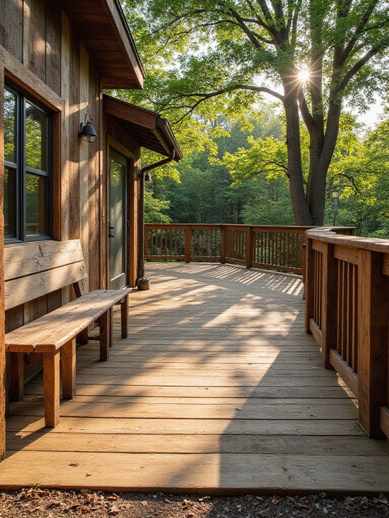 Outdoor deck built with reclaimed wood railings, benches, and skirting, showcasing unique textures and colors in a garden setting.