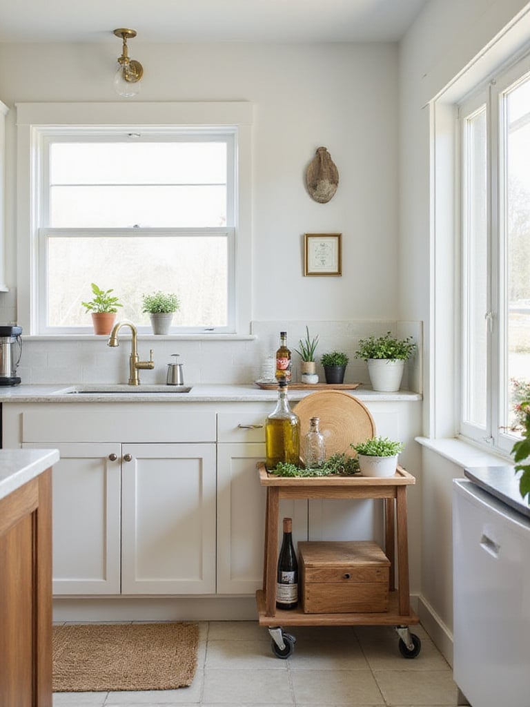 Rolling cart in a small kitchen, providing extra storage and counter space