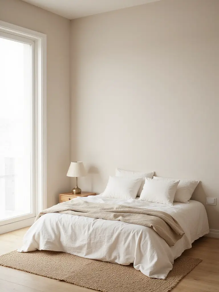 Serene beige bedroom with textured walls and linen bedding.