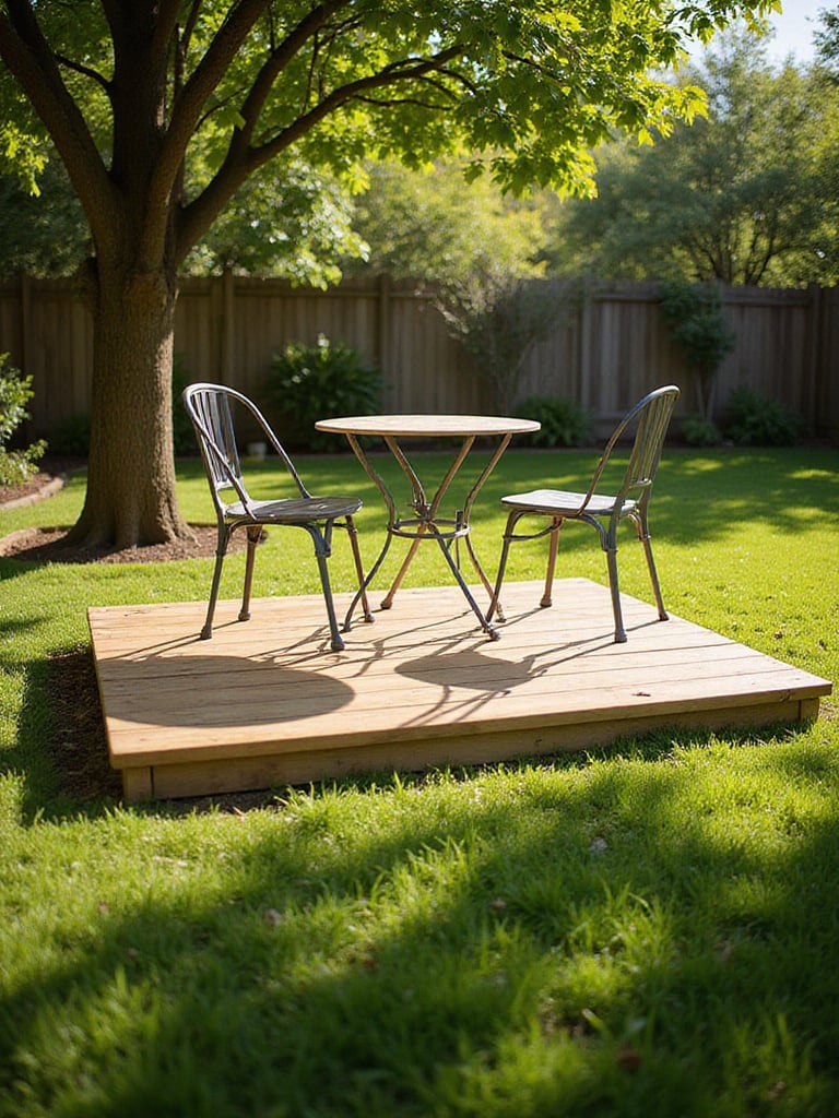 A small, low-level wooden deck in a peaceful backyard with a bistro set, illustrating a budget-friendly outdoor space idea.