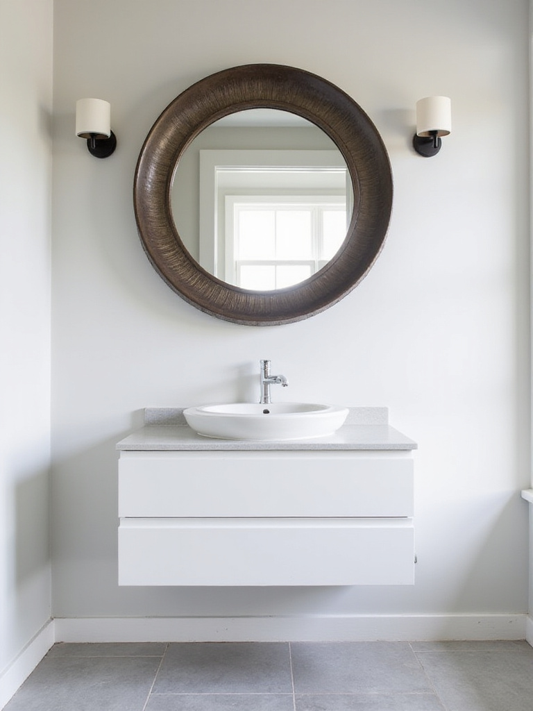 A modern small bathroom featuring a large round statement mirror with a dark bronze frame above a floating vanity, reflecting light and making the space appear larger and more stylish.
