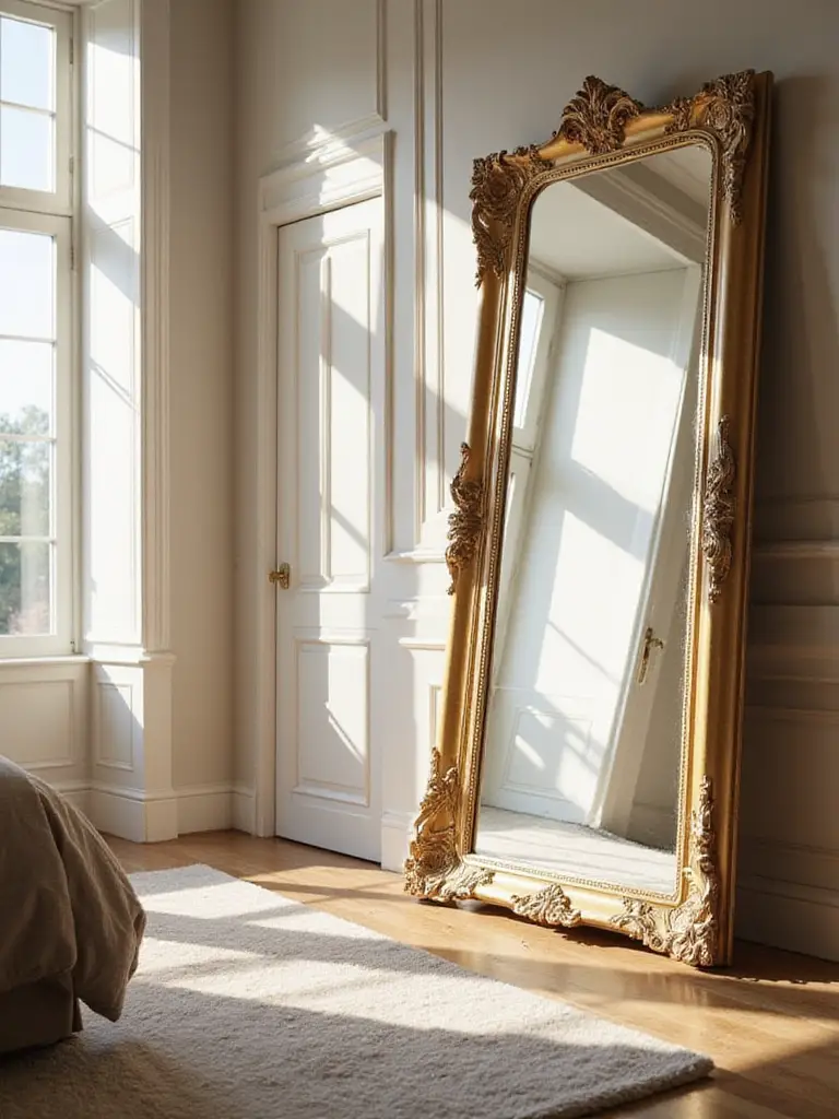 Bedroom with oversized gold-framed mirror reflecting natural light and creating a spacious feel