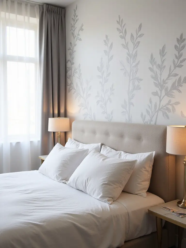 Bedroom wall with subtle floral stencil pattern