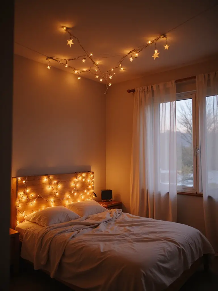 Bedroom with string lights creating a dreamy ambiance